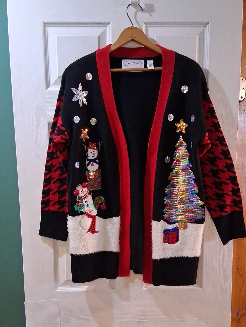 Festive Black & Red Holiday Cardigan Sweater with Sequin Tree -Christmas Sweater